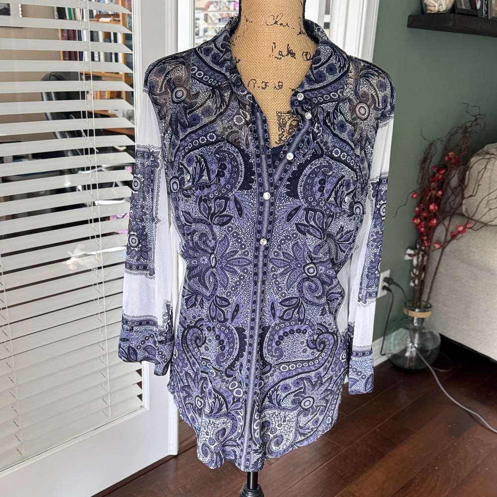 INC International Concepts Blue and White Paisley sheer Blouse with under tank
